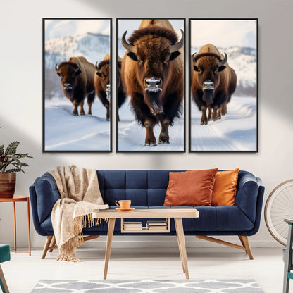 56701-MGV-CV-36X24-Bison Herd Wall Art – Buffalo Walking in Snowy Mountains Canvas Print, Rustic Wildlife Decor for Cabin, Lodge, or Living Room