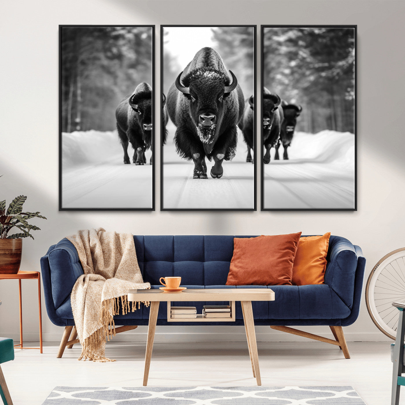 45287-MGV-CV-36X24-Bison Herd Wall Art – Black and White Buffalo Snow Road Canvas Print, Rustic Wildlife Decor for Cabin, Lodge or Living Room