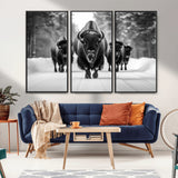 45287-MGV-CV-36X24-Bison Herd Wall Art – Black and White Buffalo Snow Road Canvas Print, Rustic Wildlife Decor for Cabin, Lodge or Living Room