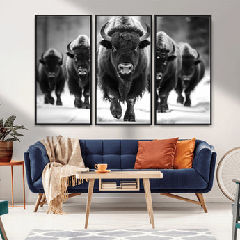 79872-MGV-CV-36X24-Bison Herd Wall Art – Black and White Buffalo on Snow Canvas Print, Rustic Wildlife Decor for Lodge, Cabin, or Living Room