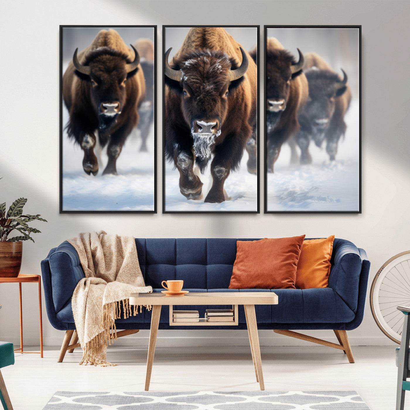 80512-MGV-FC-48X32-3P_Black-Bison Herd Wall Art – Buffalo Running in Snow Canvas Print, Rustic Wildlife Photography Decor for Cabin, Lodge, or Living Room