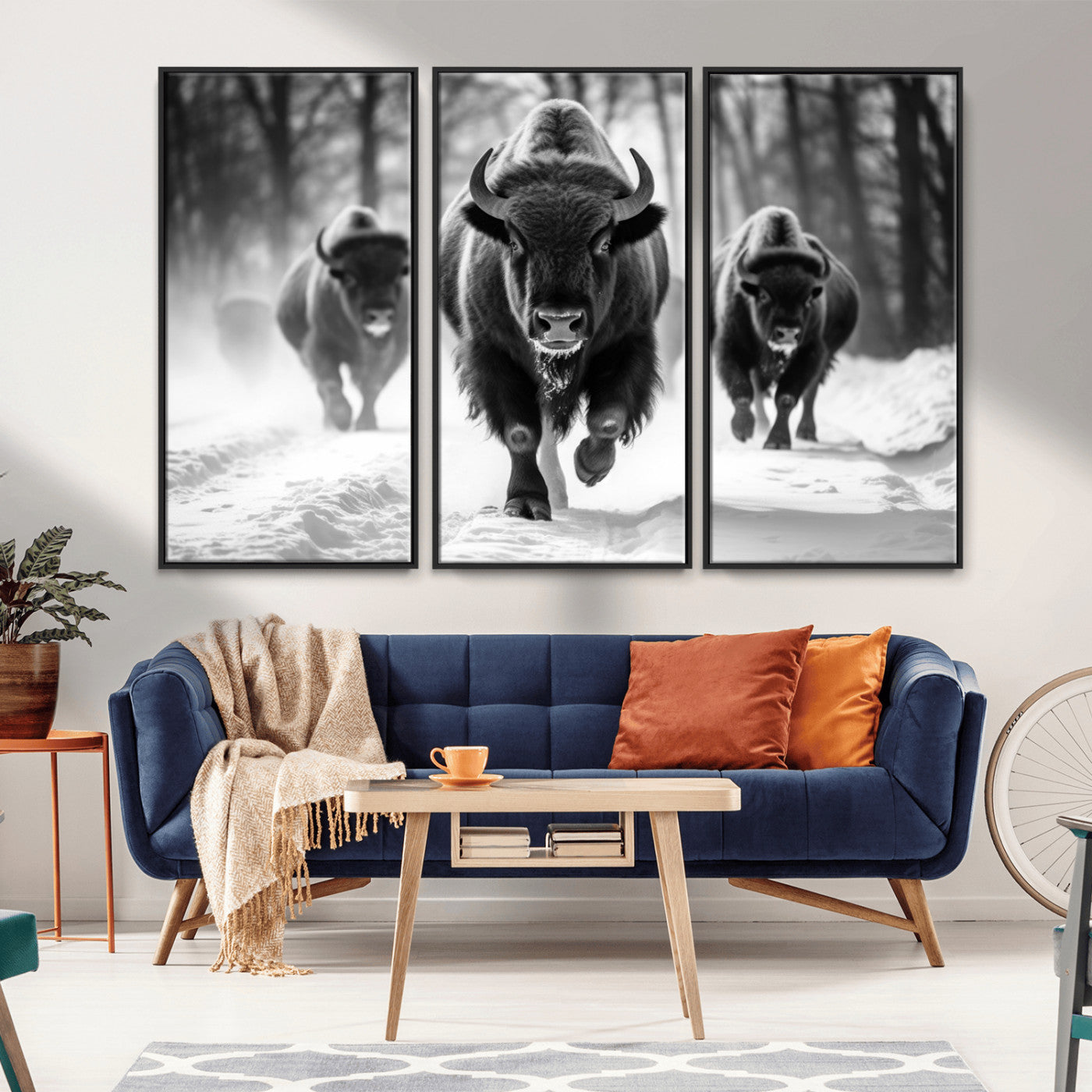97552-MGV-FC-48X32-3P_Black-Black and White Bison Wall Art – Buffalo Herd Running in Snow Canvas Print, Rustic Wildlife Photography Decor for Cabin, Lodge, or