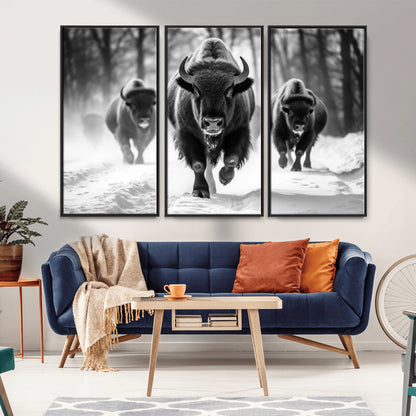 97552-MGV-FC-48X32-3P_Black-Black and White Bison Wall Art – Buffalo Herd Running in Snow Canvas Print, Rustic Wildlife Photography Decor for Cabin, Lodge, or