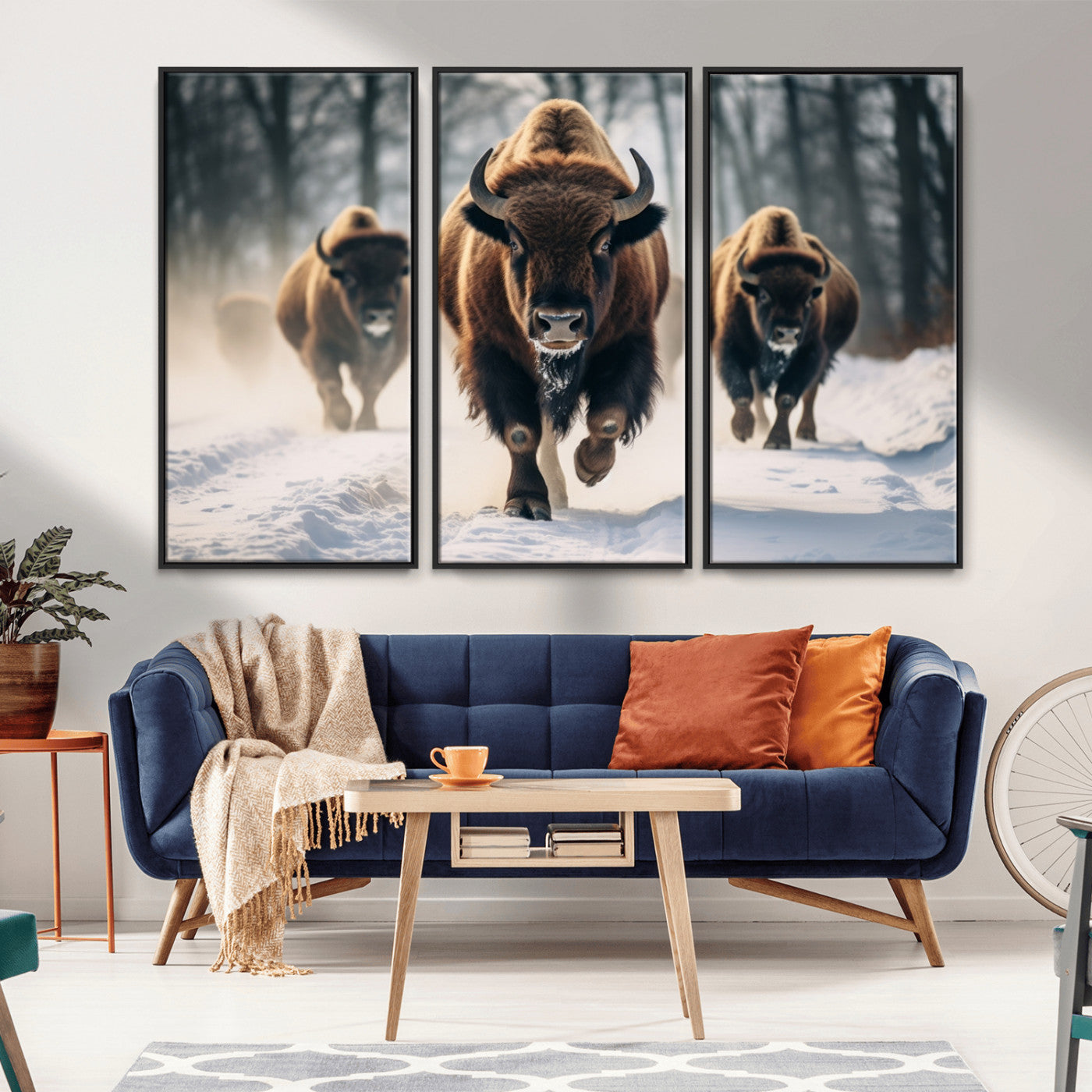 56549-MGV-CV-36X24-Wild Bison Wall Art – Majestic Buffalo Herd Running in Snow Canvas Print, Rustic Wildlife Photography Decor for Cabin, Lodge, or