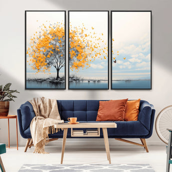 23385-MGV-CV-36X24-Golden Butterfly Tree Wall Art – Abstract Yellow and Gray Canvas Print, Modern Nature Artwork for Living Room, Bedroom or Office