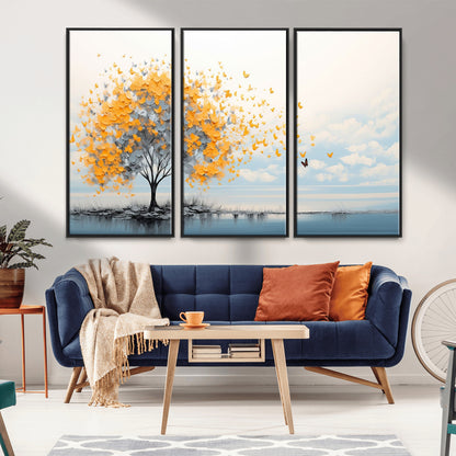 23385-MGV-CV-36X24-Golden Butterfly Tree Wall Art – Abstract Yellow and Gray Canvas Print, Modern Nature Artwork for Living Room, Bedroom or Office