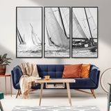 Boat-1-MGV-CV-36X24-Sailboat Racing Wall Art – Nautical Black and White Canvas Print, Ocean Adventure Decor for Office, Living Room or Bedroom
