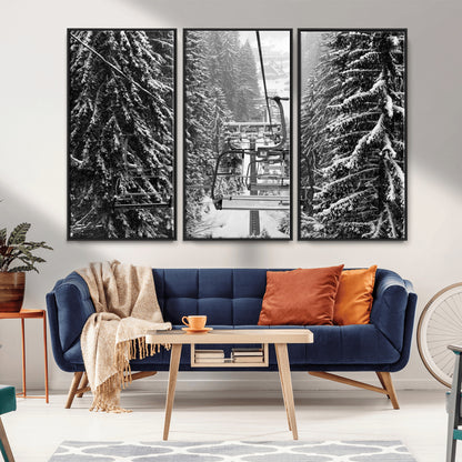 19240-MGV-CV-36X24-Ski Lift Wall Art – Black and White Winter Mountain Canvas Print, Snowy Forest Ski Resort Photography for Cabin, Lodge, Office or