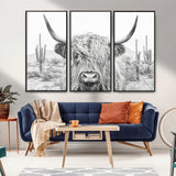 94579-MGV-CV-36X24-Highland Cow Wall Art – Black and White Longhorn Canvas Print, Rustic Western Farmhouse Animal Photography for Living Room,