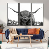 58188-MGV-CV-36X24-Highland Cow Wall Art – Black and White Rustic Farmhouse Canvas Print, Longhorn Cattle Photography Decor for Living Room or
