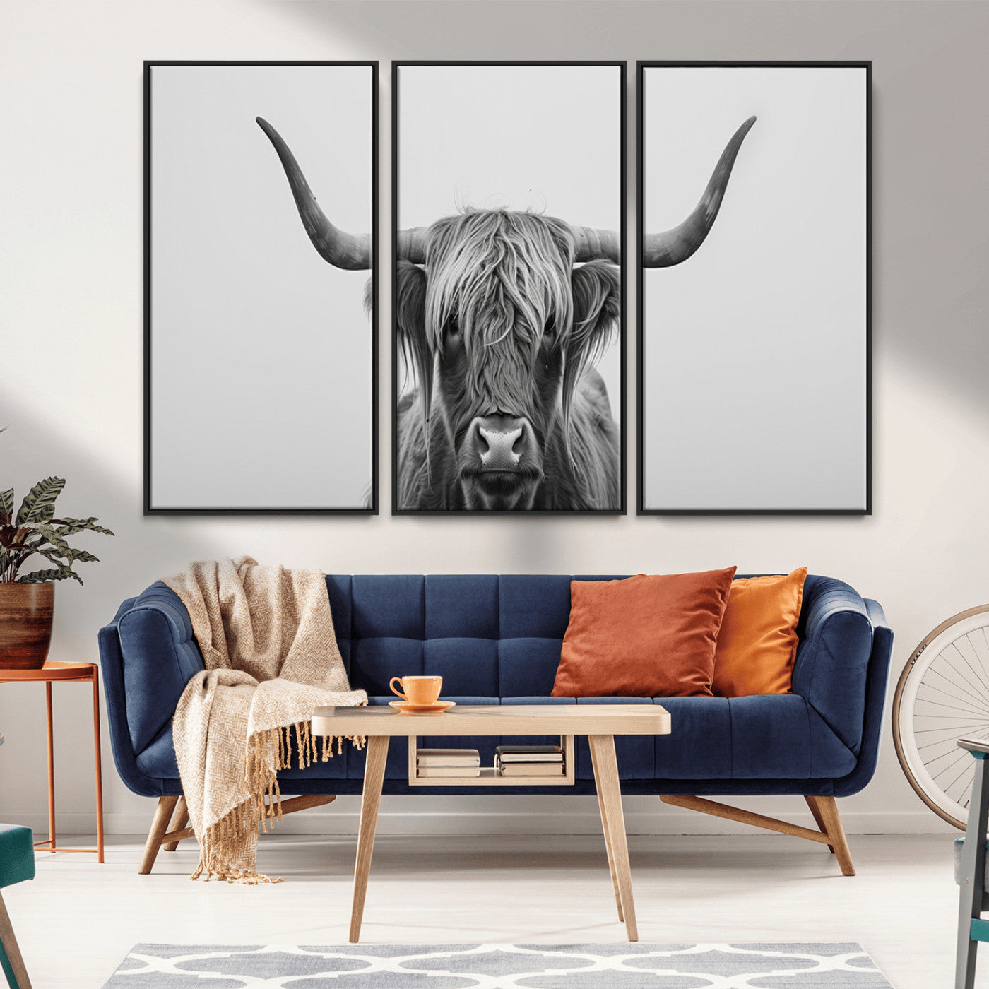 35820-MGV-CV-36X24-Minimalist Highland Cow Wall Art – Black and White Longhorn Cattle Canvas Print, Modern Farmhouse Animal Photography Decor for
