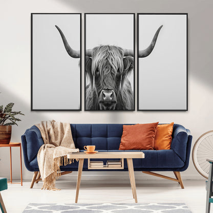 35820-MGV-CV-36X24-Minimalist Highland Cow Wall Art – Black and White Longhorn Cattle Canvas Print, Modern Farmhouse Animal Photography Decor for