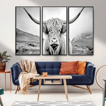 80564-MGV-FC-48X32-3P_Black-Highland Cow Wall Art – Black and White Scottish Highland Canvas Print, Rustic Farmhouse Decor for Living Room, Bedroom or Office