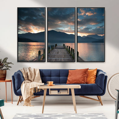 20442-MGV-CV-36X24-Lakeside Sunset Dock Wall Art – Peaceful Mountain Lake Canvas Print, Serene Nature Landscape Decor for Living Room, Bedroom or