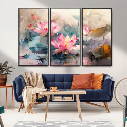 27936-MGV-CV-36X24-Lotus Pond Wall Art – Watercolor Pink Lotus Flowers Canvas Print, Tranquil Botanical Artwork for Bedroom, Living Room or