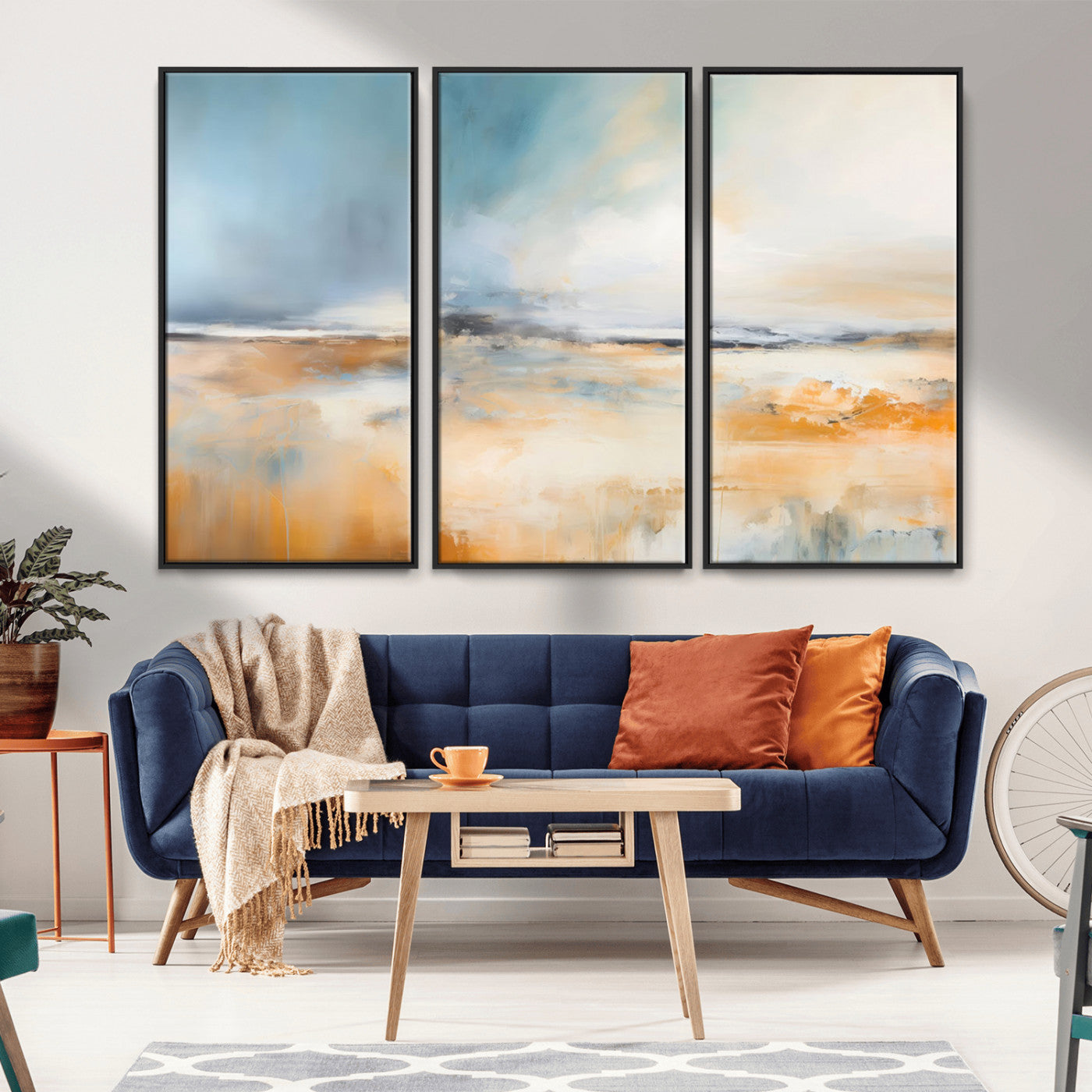92764-MGV-CV-36X24-Abstract Landscape Wall Art – Modern Blue and Orange Canvas Print, Large Minimalist Painting for Living Room, Bedroom, Office or