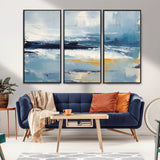 19746-MGV-FC-48X32-3P_Black-Abstract Ocean Wall Art – Modern Coastal Canvas Print with Blue, White and Gold Textures, Contemporary Seascape Painting for