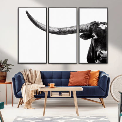 31699-MGV-CV-36X24-Longhorn Wall Art – Black and White Texas Longhorn Cow Canvas Print, Rustic Western Farmhouse Artwork for Living Room, Bedroom or