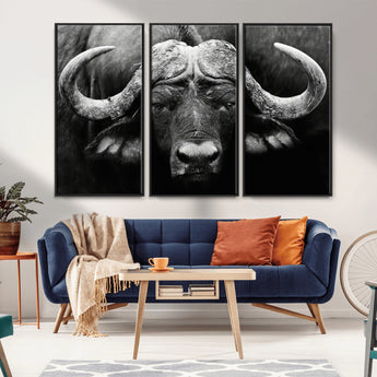 75273-MGV-CV-36X24-Buffalo Wall Art – Black and White African Buffalo Canvas Print, Rustic Wildlife Animal Artwork for Farmhouse, Living Room,