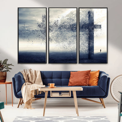 55718-MGV-FC-48X32-3P_Black-Surreal Cross Wall Art – Spiritual Faith Canvas Print, Abstract Christian Artwork with Modern Religious Symbol for Living Room,