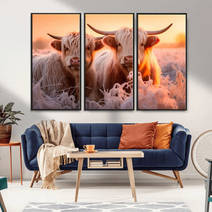 68253-MGV-FC-48X32-3P_Black-Highland Cow Wall Art – Rustic Farmhouse Cattle Canvas Print, Frosty Sunset Animal Artwork for Living Room, Bedroom or Country