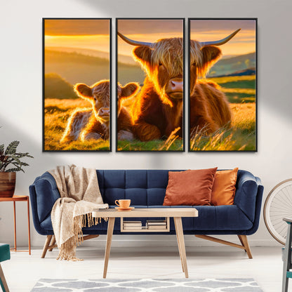 20567-MGV-CV-36X24-Highland Cow and Calf Wall Art – Rustic Farmhouse Sunset Cattle Canvas Print, Country Animal Artwork for Living Room, Bedroom, or