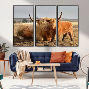 53461-MGV-FC-48X32-3P_Black-Highland Cow Family Wall Art – Rustic Farmhouse Animal Canvas Print, Country Decor for Living Room, Bedroom or Office, Calf and