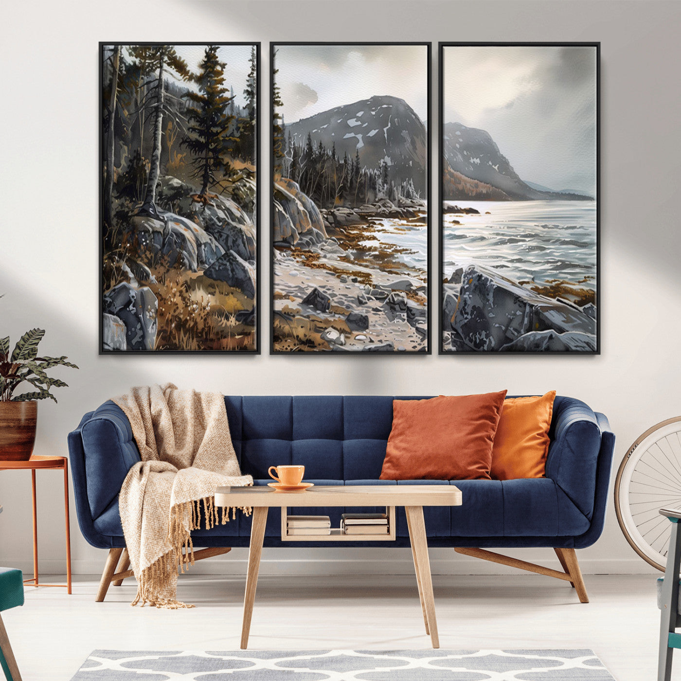 41281-MGV-FC-48X32-3P_Black-Rocky Shoreline Wall Art – Panoramic Mountain Coast and Forest Canvas Print, Rustic Nature Landscape Decor for Cabin, Lodge, or