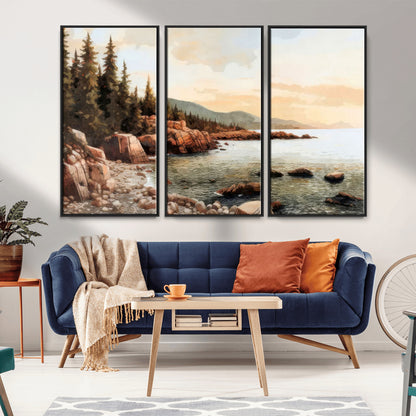77145-MGV-FC-48X32-3P_Black-Coastal Landscape Wall Art – Panoramic Rocky Shoreline and Pine Trees Canvas Print, Rustic Nature Decor for Cabin, Lodge, Office,