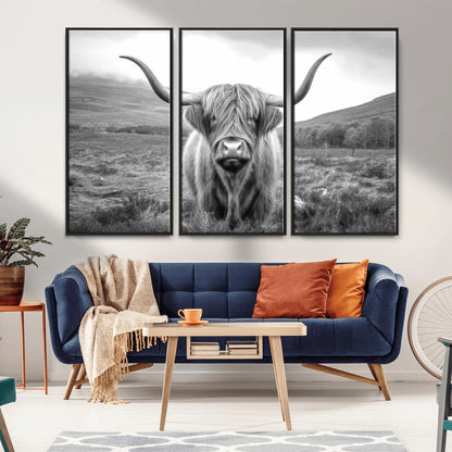 52903-MGV-FC-48X32-3P_Black-Highland Cow Wall Art – Black and White Canvas Print Rustic Cattle Portrait, Farmhouse Country Decor for Living Room, Office,