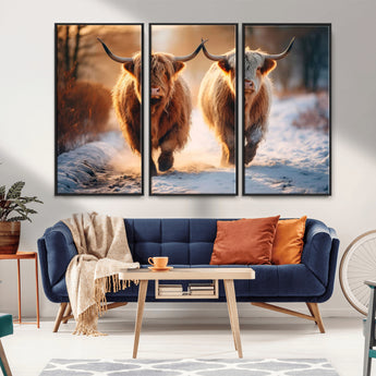 94810-MGV-CV-36X24-Highland Cow Wall Art – Rustic Canvas Print Two Cattle Snow Path Sunset, Farmhouse Country Decor for Living Room, Bedroom, Office,