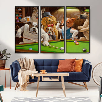 34228-MGV-CV-36X24-Dogs Playing Pool Wall Art Canvas Print, Framed Funny Dog Art Picture Print, Dog Perfect Game Room Decor Artwork