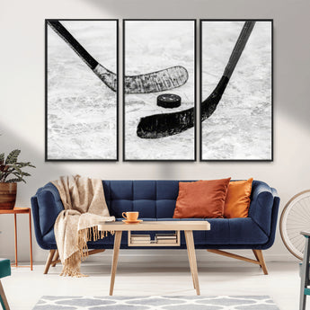82900-MGV-CV-36X24-Hockey Wall Art – Black and White Canvas Print Ice Rink Sticks Puck Sports Photography, Modern Decor for Game Room, Man Cave,