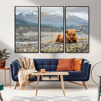 80252-MGV-FC-48X32-3P_Black-Scottish Cow Wall Art Canvas Print, Framed Highland Cow Art Picture Print, Highland Cattle Perfect Rustic Farmhouse Decor Artwork