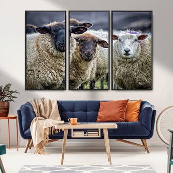 18418-MGV-FC-48X32-3P_Black-Sheep Wall Art Canvas Print, Framed Farmhouse Sheep Art Picture Print, Sheep Herd Perfect Rustic Farmhouse Decor Artwork