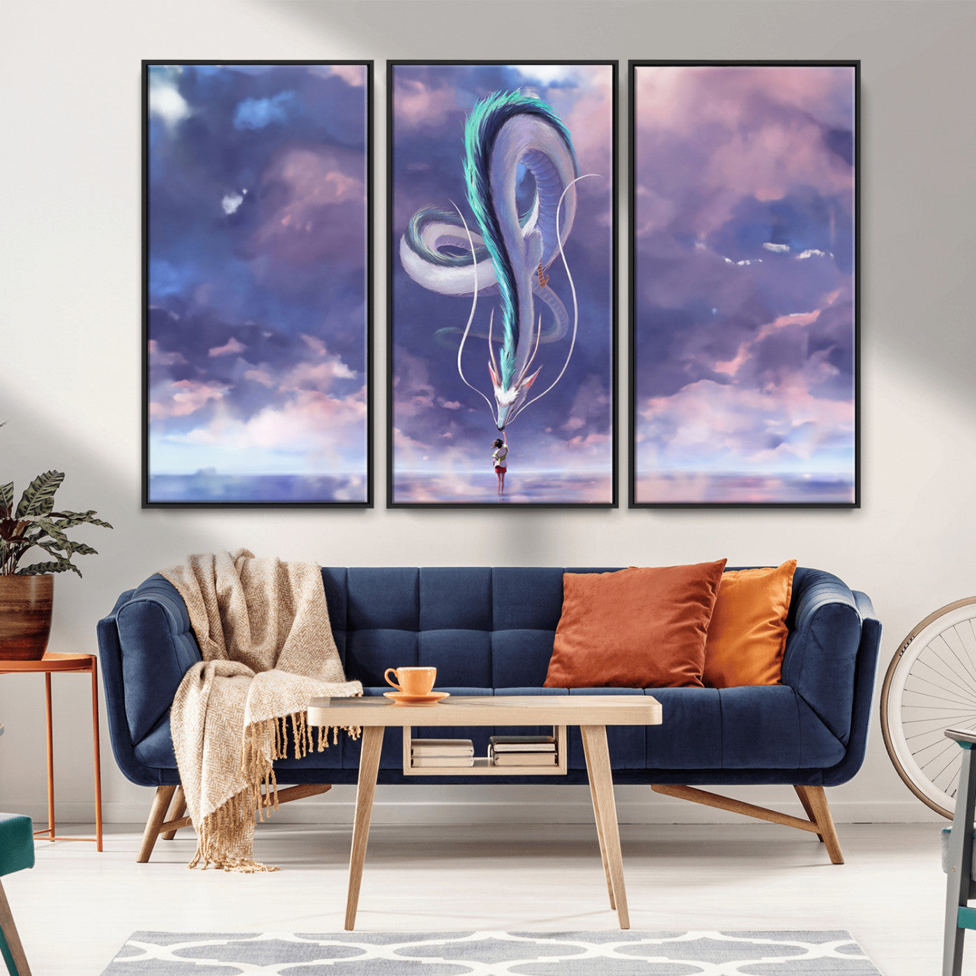 66864-MGV-FC-48X32-3P_Black-Fantasy Dragon Wall Art – Mystical Canvas Print Girl and Sky Serpent Dreamlike Clouds, Magical Anime Inspired Decor for Living