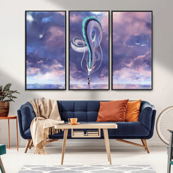 66864-MGV-FC-48X32-3P_Black-Fantasy Dragon Wall Art – Mystical Canvas Print Girl and Sky Serpent Dreamlike Clouds, Magical Anime Inspired Decor for Living