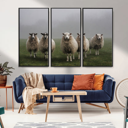 87339-MGV-FC-48X32-3P_Black-Sheep Wall Art – Rustic Farmhouse Canvas Print Flock Standing Misty Field Countryside Photography, Country Animal Decor for Living
