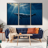 18052-MGV-FC-48X32-3P_Black-Whale Wall Art – Majestic Ocean Canvas Print Marine Life Underwater Sunlight Scene, Nautical Coastal Decor for Living Room,