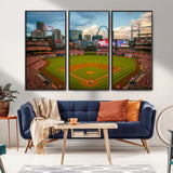 91908-MGV-FC-48X32-3P_Black-Baseball Stadium Wall Art – Canvas Print Game Day Field City Skyline Iconic Arch Scene Sports Photography, Decor for Game Room,