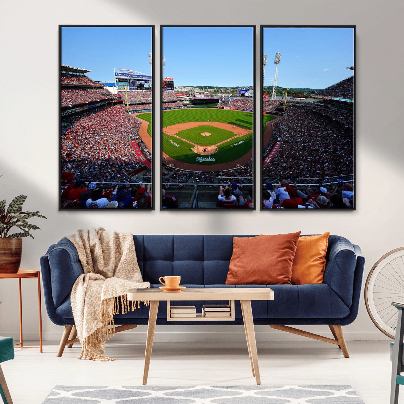 90998-MGV-CV-36X24-Baseball Stadium Wall Art – Canvas Print Day Game Field Packed Crowd Bright Blue Sky Sports Photography, Classic Decor for Game