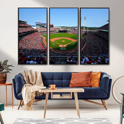 90998-MGV-CV-36X24-Baseball Stadium Wall Art – Canvas Print Day Game Field Packed Crowd Bright Blue Sky Sports Photography, Classic Decor for Game