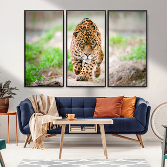 75066-MGV-FC-48X32-3P_Black-Leopard Wall Art Canvas Print, Framed Wild Animal Art Picture Print, Blue Eye Leopard Perfect Wild Minimal Decor Artwork