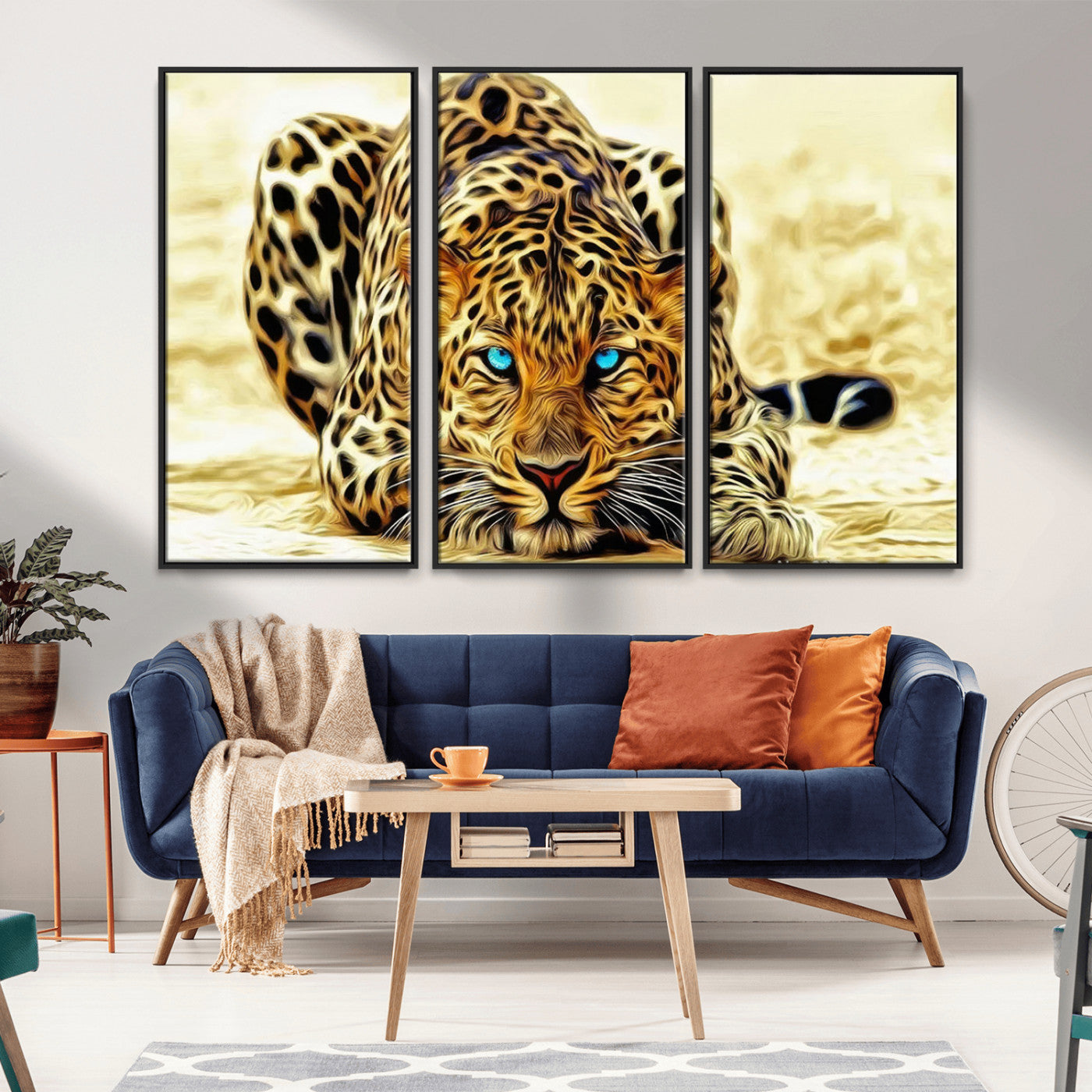 45281-MGV-FC-48X32-3P_Black-Blue Eye Leopard Wall Art Canvas Print, Framed Leopard Painting Art Picture Print, Big Cat Perfect Safari Wildlife Decor Artwork