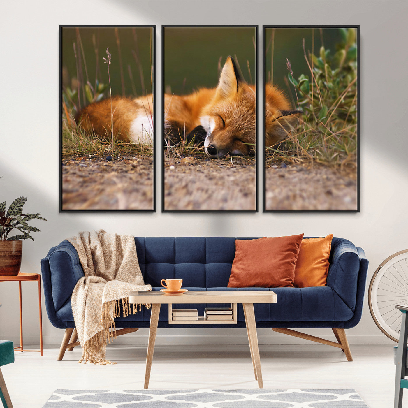 25085-MGV-FC-48X32-3P_Black-Sleeping Fox Wall Art Canvas Print, Framed Rustic Fox Art Picture Print, Wildlife Animal Perfect Rustic Farmhouse Decor Artwork