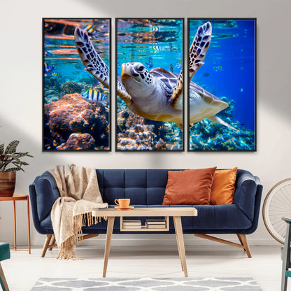 12683-MGV-CV-36X24-Sea Turtle Wall Art – Graceful Ocean Canvas Print with Coral Reef and Tropical Fish, Coastal Marine Life Decor for Beach House,