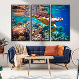 66614-MGV-CV-36X24-Sea Turtle Wall Art – Hawksbill Turtle Swimming Over Coral Reef Canvas Print, Ocean Marine Life Decor for Beach House, Coastal