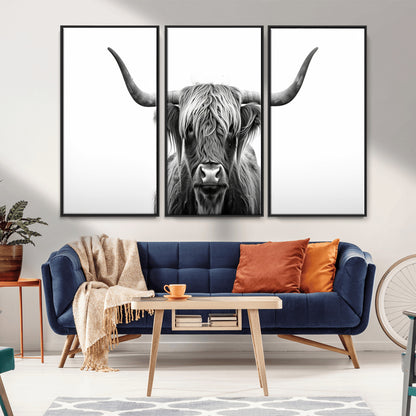 49556-MGV-CV-36X24-Highland Cow Wall Art – Black and White Scottish Highland Cattle Print, Rustic Farmhouse Minimalist Animal Portrait Canvas for