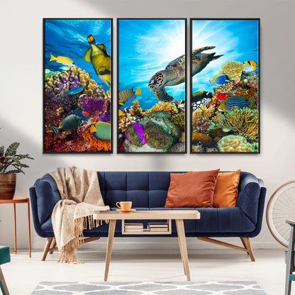 44772-MGV-CV-36X24-Underwater Sea Turtle Wall Art – Vibrant Coral Reef and Tropical Fish Canvas Print, Ocean Marine Life Decor for Living Room,