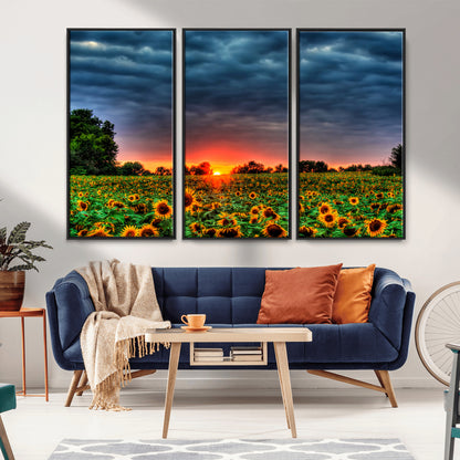 45045-MGV-CV-36X24-Sunflower Field Sunset Wall Art – Dramatic Stormy Sky Landscape Print, Vibrant Yellow Floral Nature Canvas for Living Room,